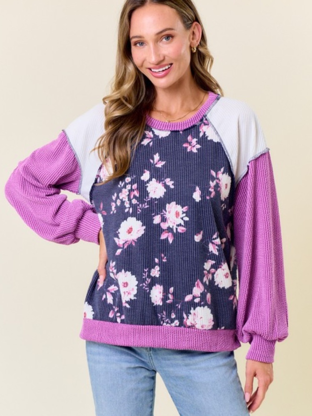 "The Teigen" Navy/Pur Floral Colorblock Corded Ribbed Top